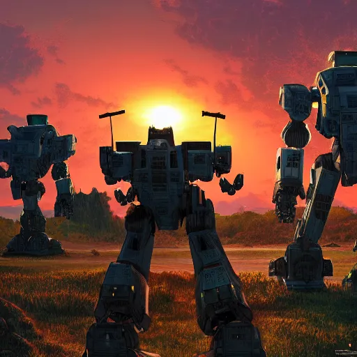 Prompt: Realistic giant mechwarrior robot and the sunset in the distance, by Josan Gonzalez and Geof Darrow, highly detailed, Unreal Engine Render, 3D, 8k wallpaper