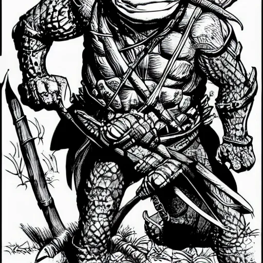 Prompt: Ninja Turtle from the Dungeons and Dragons Monster Manual, line art illustration, 1980s, high detail