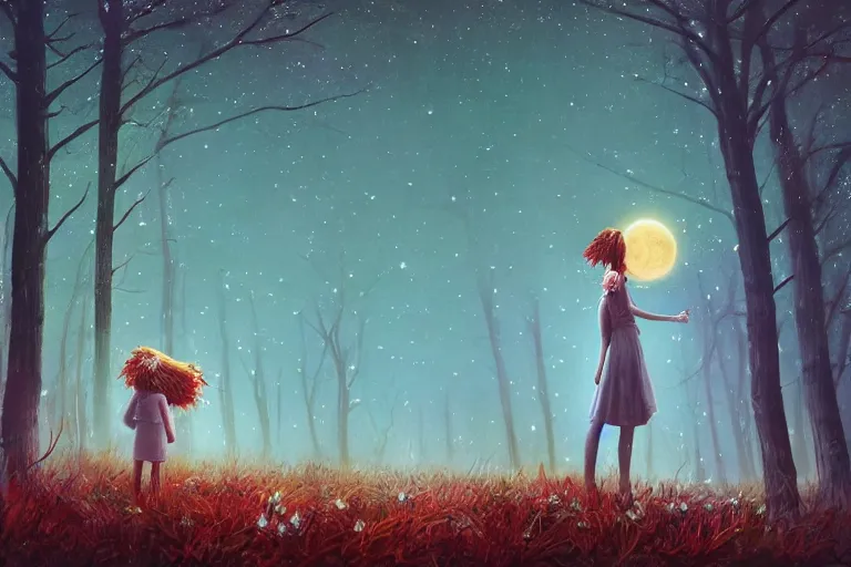 Image similar to giant daisy flowers head, girl standing in forest, surreal photography, dark night, stars, moon light, impressionist painting, clouds, digital painting, artstation, simon stalenhag