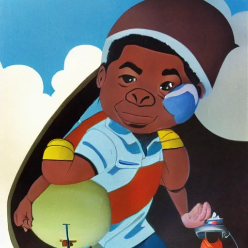 Prompt: Gary Coleman descending from the sky in a weather balloon