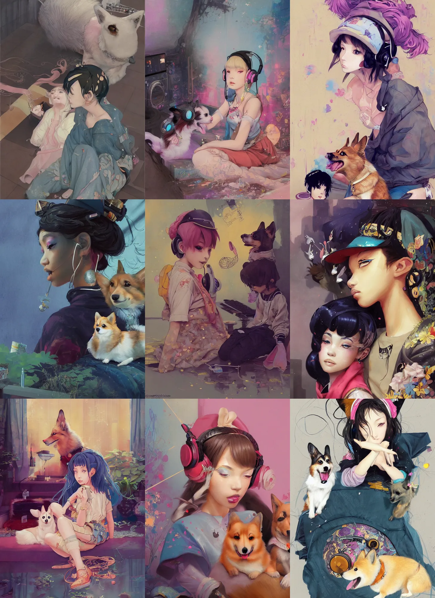 Prompt: beautiful fantasy painting of a hiphop lofi anime princess and her corgi chilling to music, by kenne gregoire, james jean, tran nguyen, wlop, jakub rebelka. trending on artstation, 8 k, masterpiece, face enhance, graffiti paint, fine detail, full of color, intricate detail, golden ratio illustration