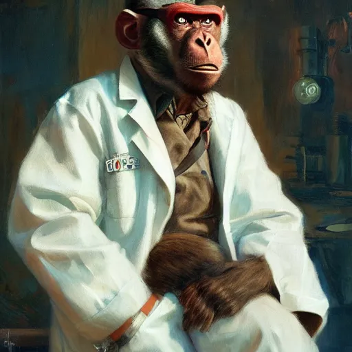 Image similar to portrait of a monkey doctor, artwork by gaston bussiere, craig mullins, trending on artstation, monkey dressed as a scientist, using googles and wearing a doctor coat