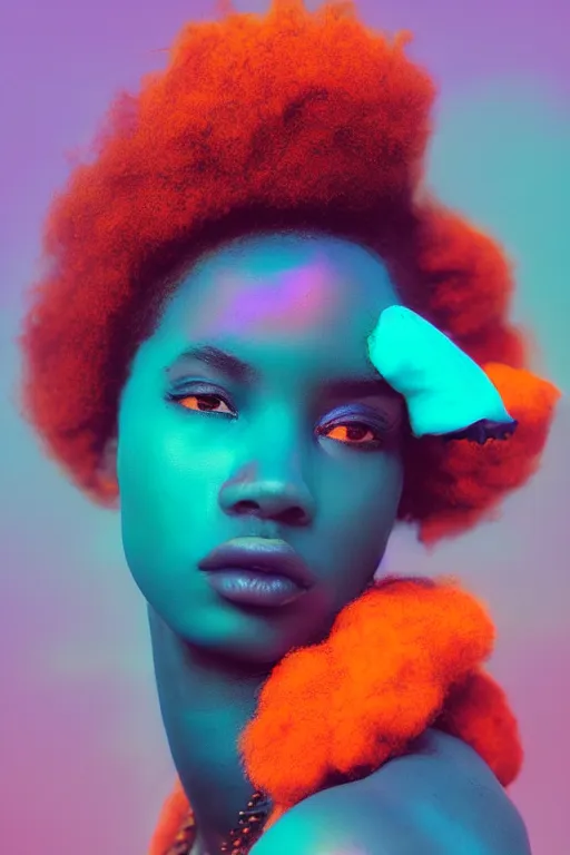 Prompt: insanely moody vaporwave portrait of a gorgeous african beauty, motion blurred background, teal and orange colors, vaporwave, photorealism, cinema still, photography, porcelain skin, smooth, volumetric studio lighting, portrait photography, award winning photography, vray render, insane details, 8 k high definition, artstation