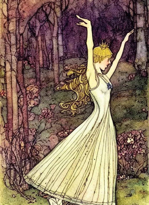 Prompt: realistic fairytale illustration of ballerina in cinderella, art by john bauer and walter crane and harold gaze, watercolor art, illustration