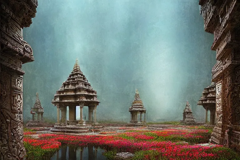 Image similar to photography of a beautiful archipelago of never seen before stunning ancient indian temple. intricate pilars patern, runes. water and flowers. inspiring science fiction, intricate, elegant, uplifting, inspirational, highly detailed by beksinski and simon stalenhag