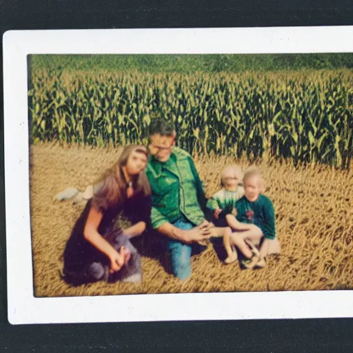 Image similar to old polaroid of an family picnic with a weird creature in a corn field