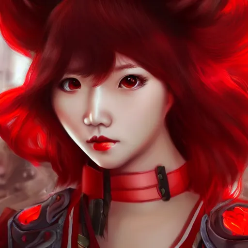 Prompt: half length portrait of a half - chinese teenage girl with short red hair and red outfit, still from arcane : league of legends, 3 d painting, animated, digital art, steampunk, anime