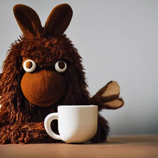 Image similar to a huggable brown rabbit muppet monk wearing a wolf skull as a mask and dat beside a cup of tea, photorealistic, nature, photography, national geographic, sesame street