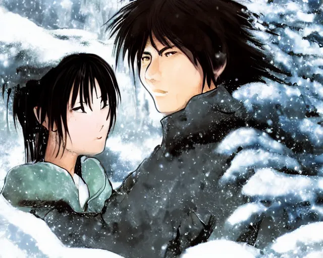 Image similar to hijikata toushirou, of a boy with short black hair and a girl with long flowing auburn hair sitting together on the porch of a cabin on a mountain overlooking a snowy forest. atmospheric lighting, long shot, romantic, boy and girl are the focus, cold lighting, snow, portrait, close up, concept art, intricate details, highly detailed by wlop