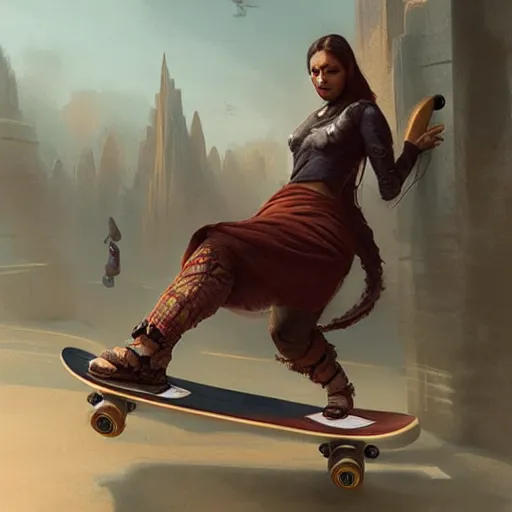 Prompt: A matte painting of Chandra on a skateboard, art by greg rutkowski, trending on artstation