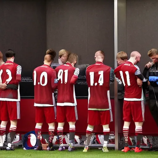 Image similar to bayern munchen football players in the shower after a big defeat, looking devastated