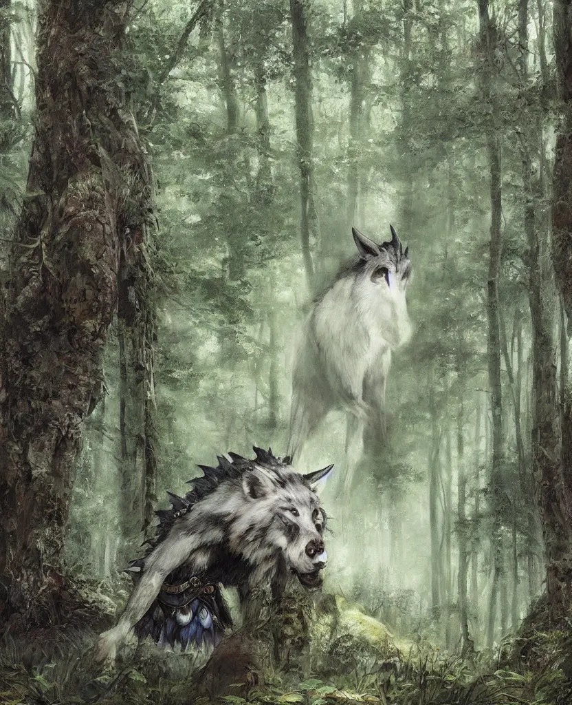 Image similar to portrait of fierce Princess Mononoke, fully clothed in armor, lush forest landscape, painted by james gurney, denoised, sharp, architectural