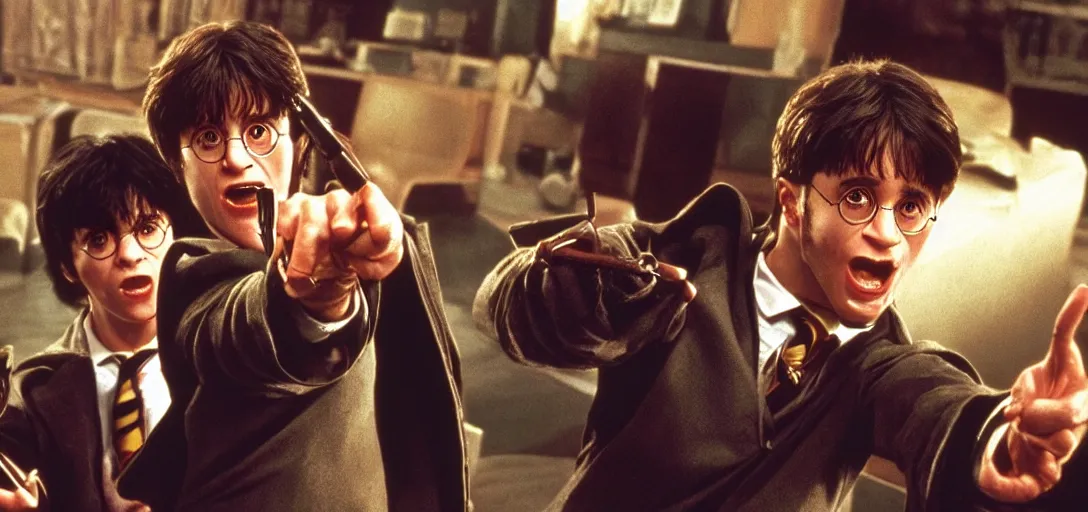 Prompt: photorealistic harry potter in the pulp fiction movie with john travolta and samuel L jackson 4k