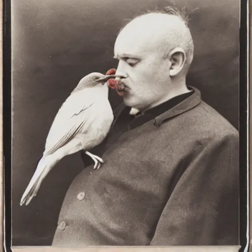 Prompt: photo of man with bird in his mouth