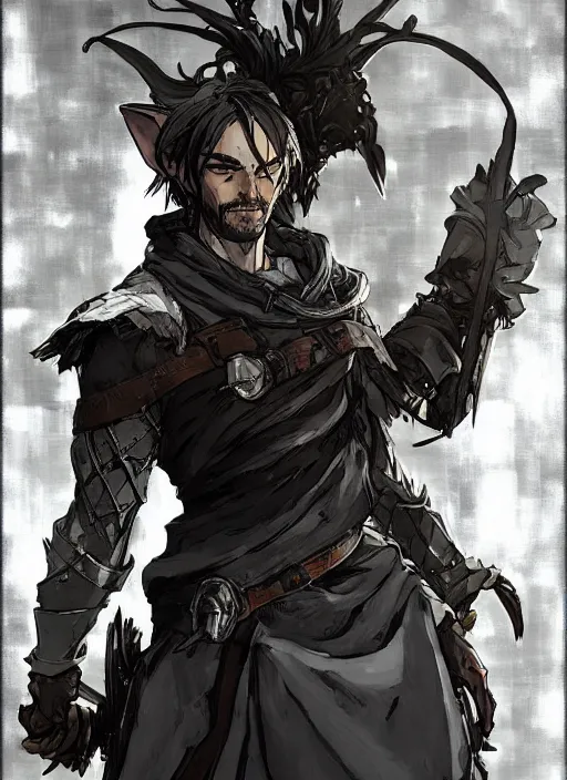 Image similar to Half body portrait of a handsome elven blacksmith working at the forge. In style of Yoji Shinkawa and Hyung-tae Kim, trending on ArtStation, dark fantasy, great composition, concept art, highly detailed, dynamic pose.