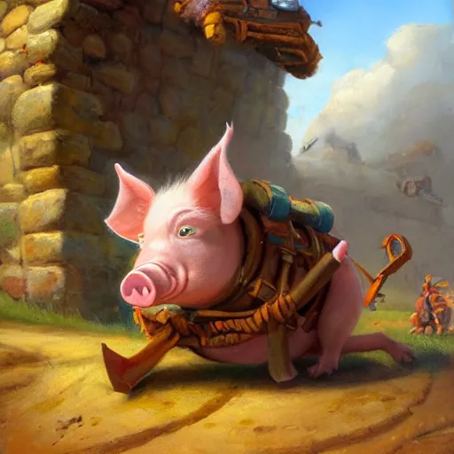 Prompt: catapult launching a pig, oil painting by justin gerard, deviantart