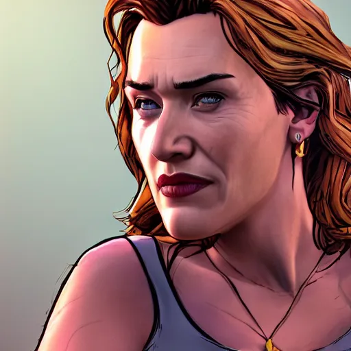 Image similar to kate winslet portrait, borderlands, tales from the borderlands, the wolf among us, comic, cinematic lighting, studio quality, 8 k