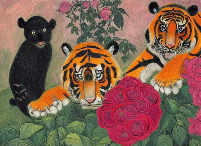 Prompt: An surreal oil painting of a two tigers next to an ancient temple, background of roses, by William Zorach, symbolist, small bumble bees, soft colors, dramatic lighting, smooth, sharp focus, extremely detailed, aesthetically pleasing composition