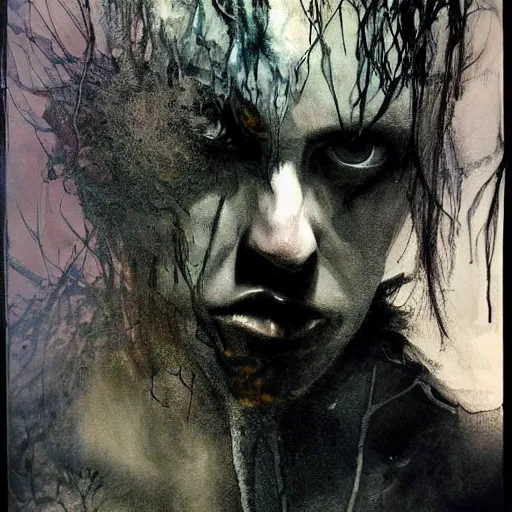 Image similar to stunning portrait of gaunt olli wisdom a ( the cure fan ) as dream from sandman, dim stars as eyes, by jeremy mann, by cedric peyravernay, by by russ mills, by richard avedon and ben templesmith, dramatic lightning, sadness, dark eye sockets, in the shadows, punk rock, gothic, high detailed, 8 k