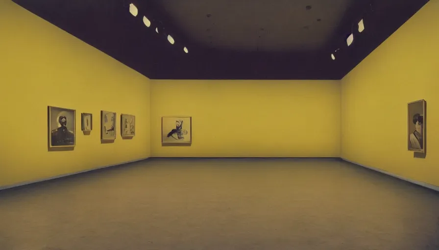 Image similar to 60s movie still of a sovietic stalinist style empty art museum with a soviet congress with yellow wall, KODAK EBX, liminal Space style, heavy grain