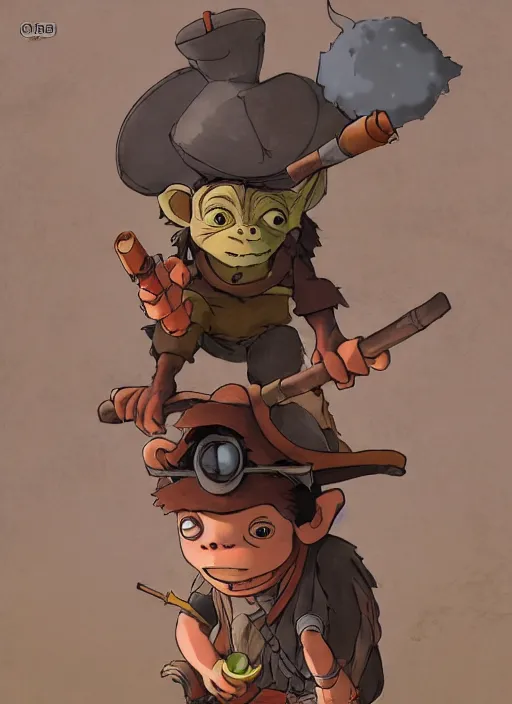 Image similar to studio ghibli pathfinder 2 e illustration of a goblin mixed with a monkey smoking a cigar, pirate themed, character portrait, unreal engine, hyper realism, realistic shading, cinematic composition, realistic render, octane render, detailed textures, photorealistic, wide shot