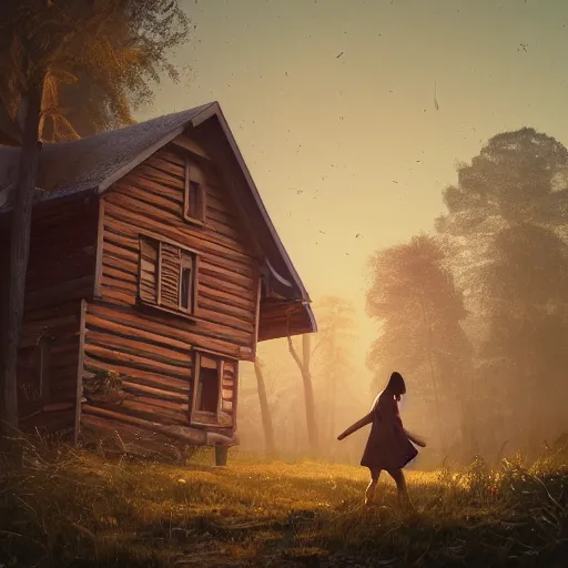 Image similar to woman leaving her wooden broken house by simon stålenhag, very highly detailed, award winning, rendered by Beeple, by Makoto Shinkai, syd meade, starwars, space art concept, digital art, unreal engine, blender, WLOP, trending on artstation, 4K UHD image, octane render