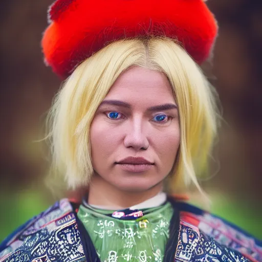 Image similar to an extremely beautiful!!!! young blonde woman with symmetric face. sensual. wearing traditional greenlandic national dress. in front of her house. petzval lens. shallow depth of field. on flickr, award winning. ethnographic portraiture photograph