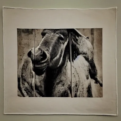 Prompt: “photo of a ripped, filthy dirty off-white t-shirt with the picture of a donkey on it, hanging on a dirty concrete wall in a dark room with the floor covered in trash and garbage. Flash photo.Cursed image.”