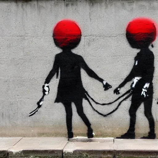 Image similar to a street art of thread connecting brother and sister by banksy