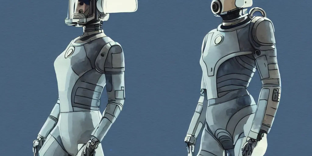 Image similar to woman, full body, wide shot, modern space suit, intriguing helmet, stylized character design, the expanse tv series, large shoulders, short torso, long thin legs, tiny feet, science fiction, hyperdetailed, technical suit, dieselpunk, watercolor digital painting, in the style of bruce timm, by alex maleev