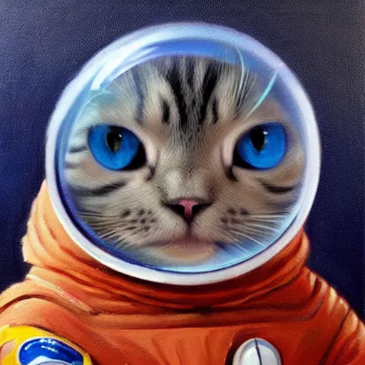 Prompt: A cat with beautiful blue eyes in a space suit flying over the Earth, oil painting, concept art, trending on artstation