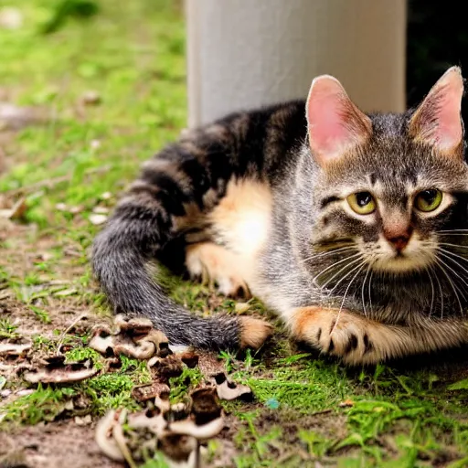 Image similar to a small domestic housecat with a broad mushroom growing atop its head