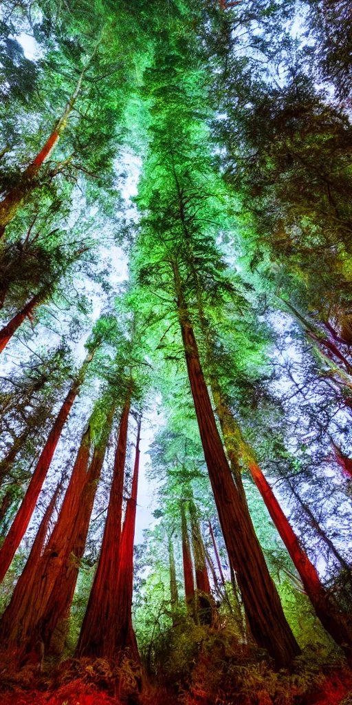 Image similar to numerous redwood trees faintly glowing with different colors in dark night jungle, wide angle shot, dslr hd details, highly detailed, 8K render