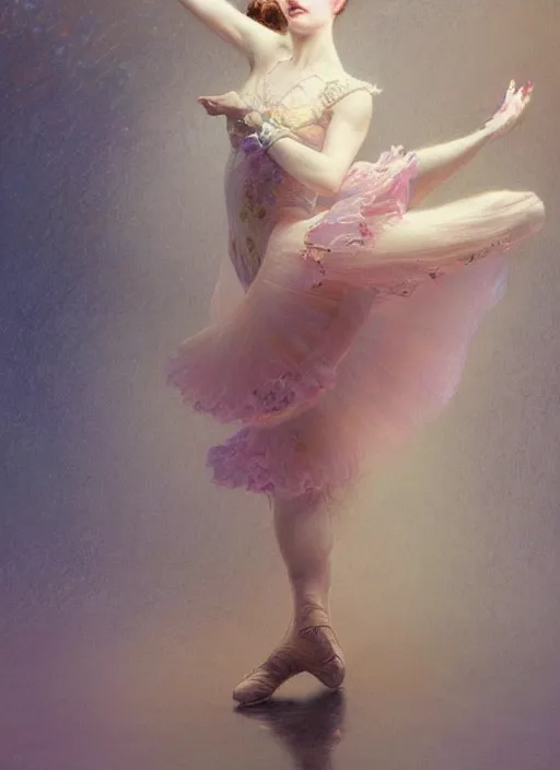 Image similar to a beautifull intricate pastel painting of a dancing ballerina, reflexions, verry high details by william turner art, greg rutkowski and alphonse mucha, trending on artstation, very very detailed, masterpiece, muted colors