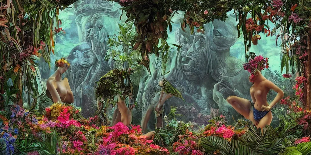 Image similar to Beautiful Ancient Greece Sculpture in jungle with big wild flowers windows, figures, soft neon lights, bright colors, cinematic, cyberpunk, smooth, chrome, lofi, nebula, calming, dramatic, fantasy, by Moebius, by zdzisław beksiński, fantasy LUT, studio ghibli, high contrast, epic composition, sci-fi, dreamlike, surreal, angelic, 8k, unreal engine, hyper realistic, fantasy concept art, XF IQ4, 150MP, 50mm, F1.4, ISO 200, 1/160s, natural light, Adobe Lightroom, photolab, Affinity Photo, PhotoDirector 365