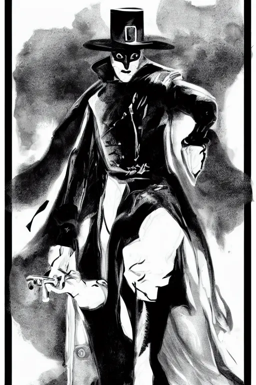 Prompt: black and white illustration of El Zorro, neo noir style, Frank Miller creative design, Josep Tapiró Baró