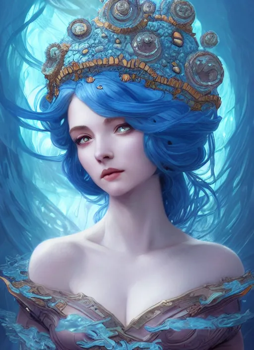 Image similar to highly detailed ilustration of a beautiful blue haired woman as a deep sea princess in a coral city of deep sea, deep focus, d & d, fantasy, intricate, elegant, highly detailed, digital painting, artstation, concept art, matte, sharp focus, illustration, hearthstone, art by artgerm and greg rutkowski and alphonse mucha