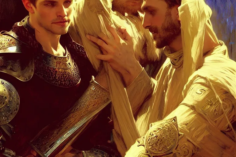 Image similar to attractive arthur pendragon and his favourite attractive male knight, they are in love, camelot, natural lighting, path traced, highly detailed, high quality, digital painting, by gaston bussiere, craig mullins, alphonse mucha j. c. leyendecker