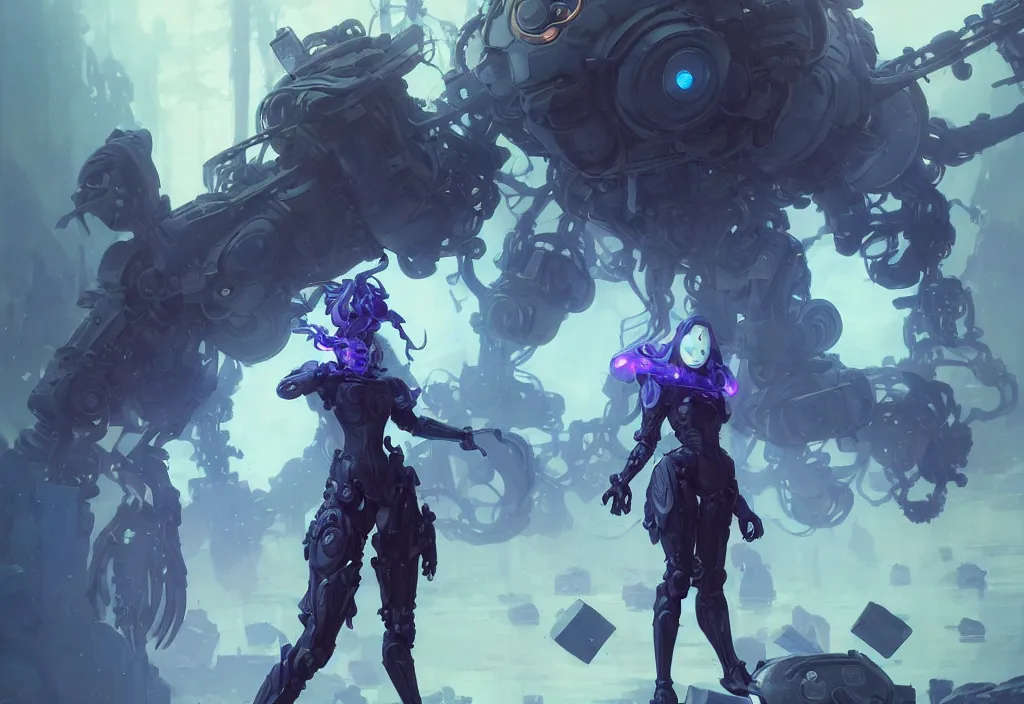 Image similar to wide view picture of a mech armor witch, standing on floating greed cubes with monster companions, model pose, blue hair, lighting eyes, huge magic circles on the hand, magic and fantasy, extremely beautiful and aesthetic and detailed cute face, specular reflection, occlusion shadow, intricate, masterpiece, by ilya kuvshinov and jeremy lipking and quentin mabille