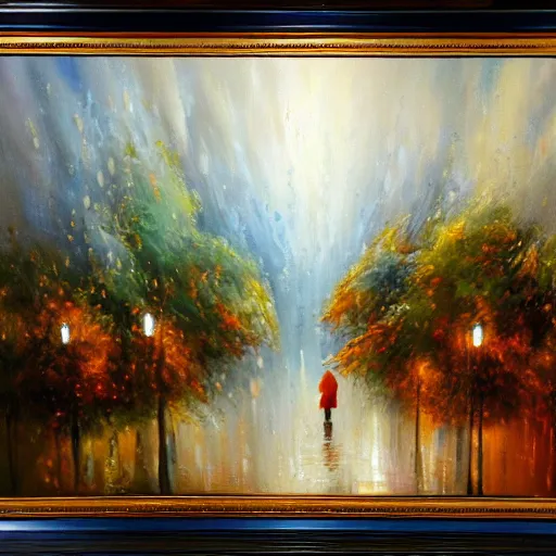 Prompt: rain from the heavens, majestic painting, oil canvas painting, museum art