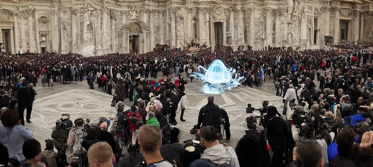 Image similar to Surprised Priests Watching Landing of an realistic unfiendly glowing Alien spaceShip in the Middle of the Vatican Square, Very Restless and Dramatic Atmosphere, Realism, Detailed Journalistic Photography