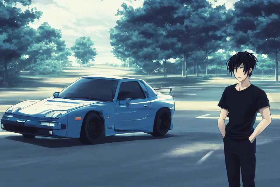 Image similar to aesthetic illustration of ryosuke takahashi with black hair wearing a dark blue shirt standing near white mazda rx 7 on an empty highway at dusk, cinematic lighting, initial d anime 1 0 8 0 p, detailed anime face, high detail, 9 0 s anime aesthetic, volumetric lights, unreal engine 5 render, pinterest wallpaper, trending on artstation