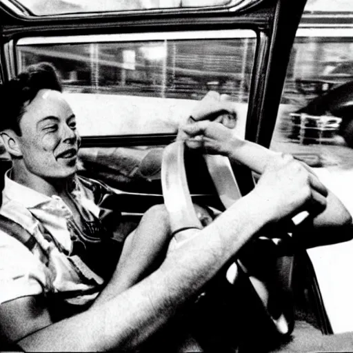 Image similar to retro photo of drunked elon musk driving bus, by hunter thompson