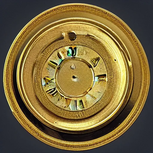 Image similar to a gold coin with a clock face printed on it, complex, high detail, close up