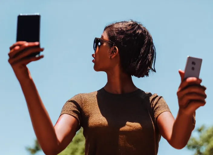 Image similar to photo still of a bronze statue of a woman using an iphone to take a selfie, in a park on a bright sunny day, 8 k 8 5 mm f 1 6