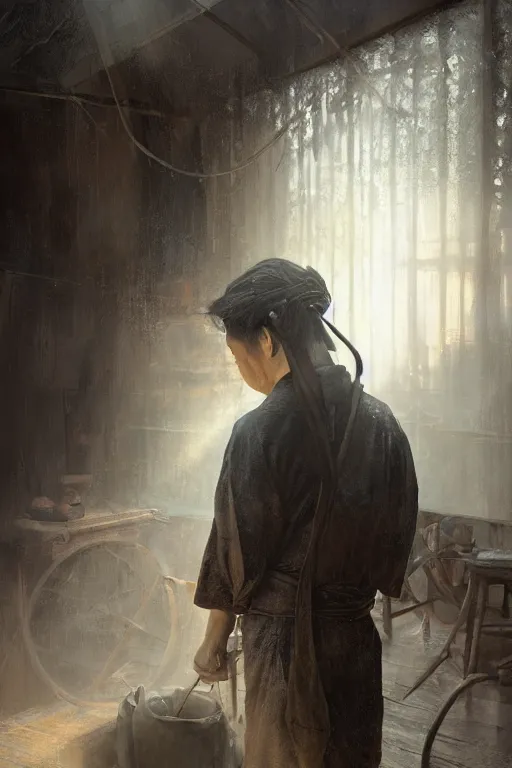 Image similar to Japanese blacksmith, portrait, poor, intricate, elegant, volumetric lighting, scenery, digital painting, highly detailed, artstation, sharp focus, illustration, concept art,ruan jia, steve mccurry