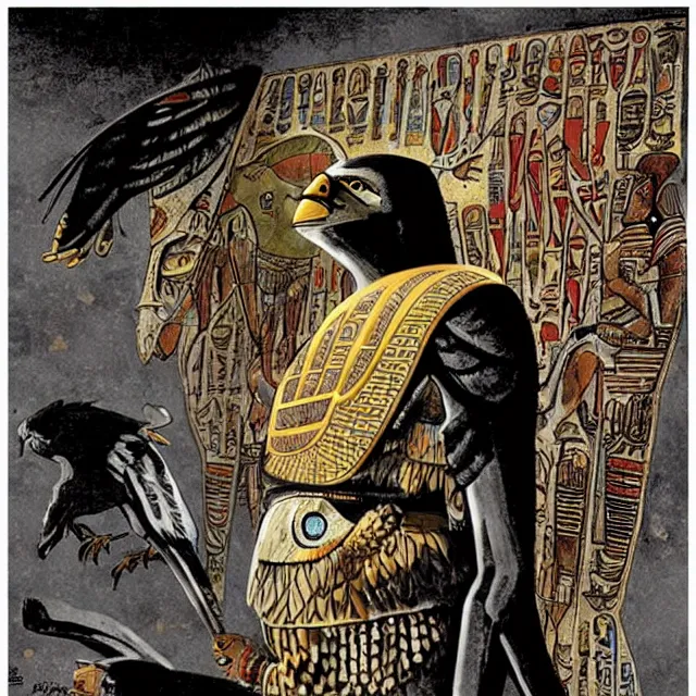 Prompt: Horus the falcon headed egyptian god by Enki Bilal and Dave McKean