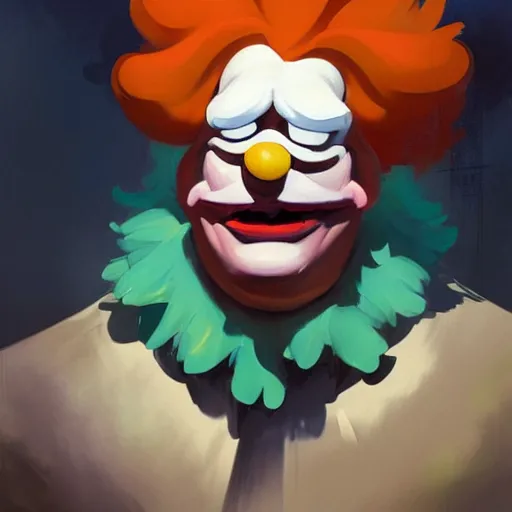 Prompt: Greg Manchess portrait painting of Krusty the clown as Overwatch character, medium shot, asymmetrical, profile picture, Organic Painting, sunny day, Matte Painting, bold shapes, hard edges, street art, trending on artstation, by Huang Guangjian and Gil Elvgren and Sachin Teng