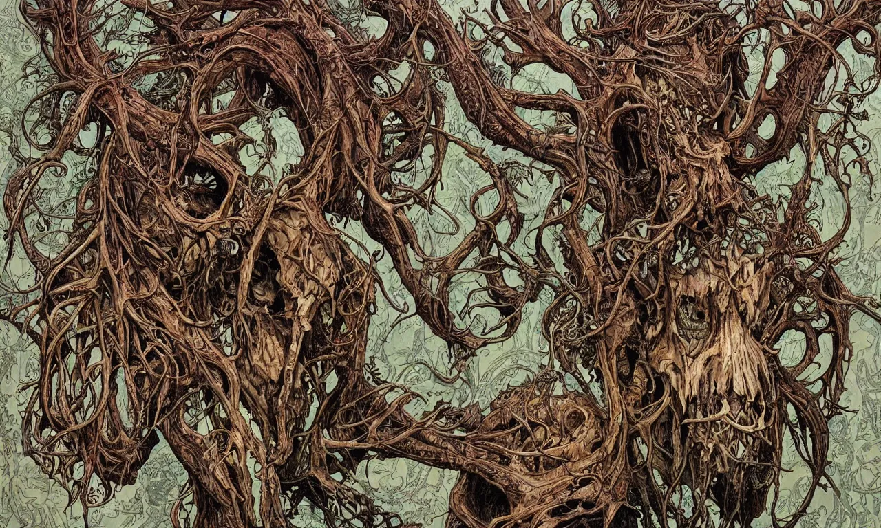 Image similar to hyperdetailed art nouveau portrait of treebeard as a cthulhu eyeball moose skull wendigo cryptid monster, by geof darrow, simon bisley and bill sienkiewicz, grim yet sparkling atmosphere, photorealism, claws, skeleton, antlers, fangs, forest, wild, bizarre, scary, lynn varley, lovern kindzierski, steve oliff