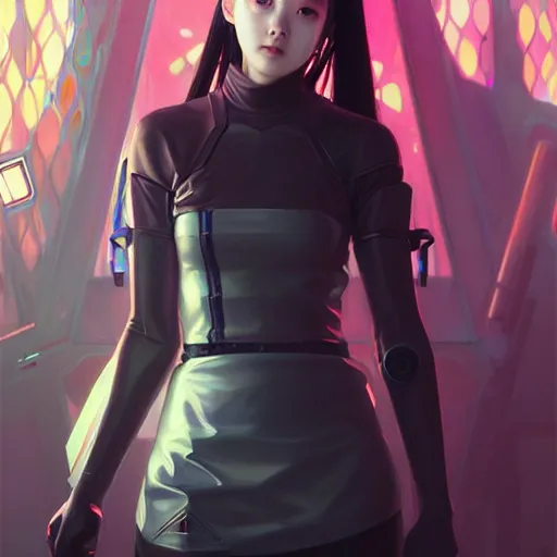 Image similar to portrait painting of cyberpunk chuu loona kpop smiling cheerfully with a black katana, ultra realistic, concept art, intricate details, eerie, highly detailed, photorealistic, octane render, 8 k, unreal engine. art by artgerm and greg rutkowski and magali villeneuve and alphonse mucha